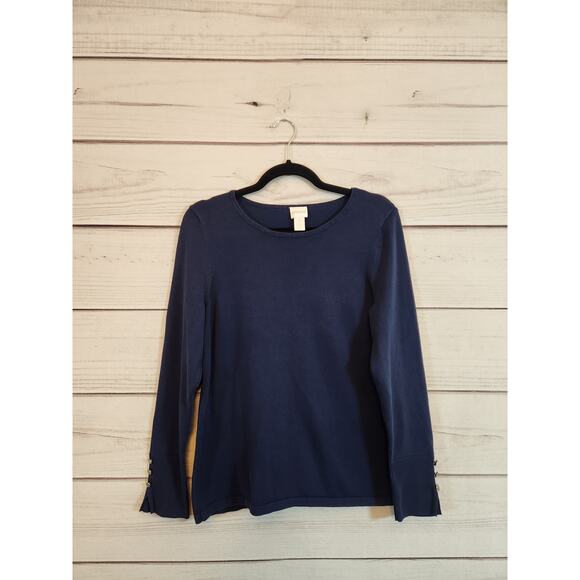 Chico's Women's Navy Blue Solid Round Neck Long Sleeve Pullover T-Shirt Size M - Picture 1 of 7